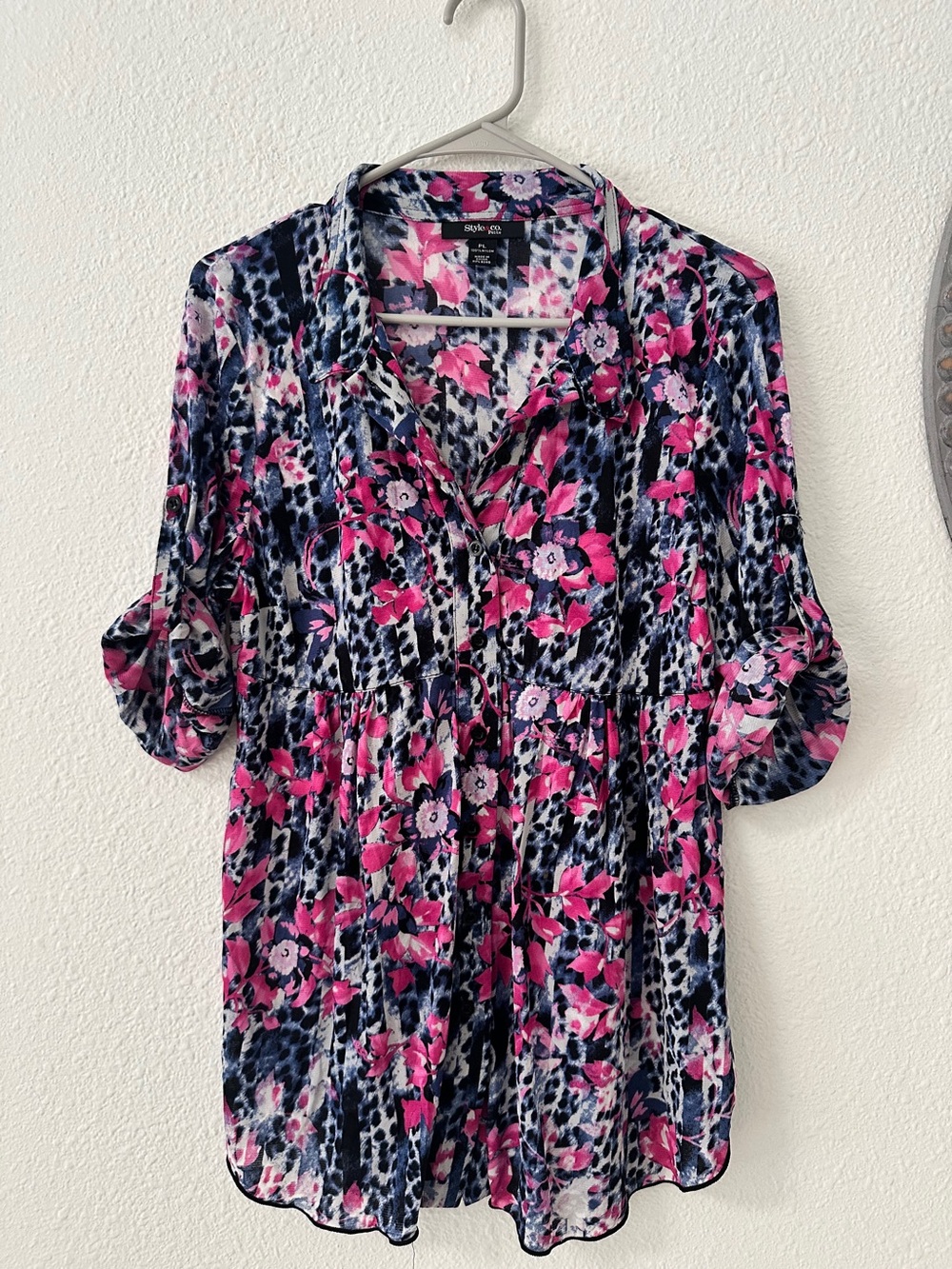 Style & Co. Pink Floral and Navy Printed Button-Front Tunic